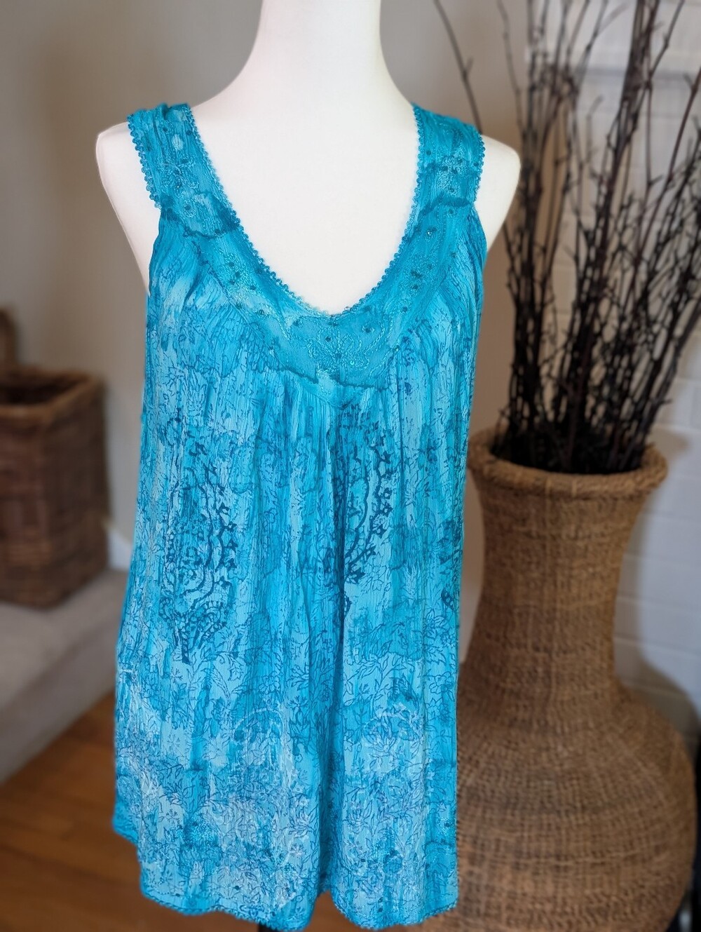 Boutique Artisan Embroidered Tank Top | Turquoise Bohemian Beachy‎ Resort Wear
